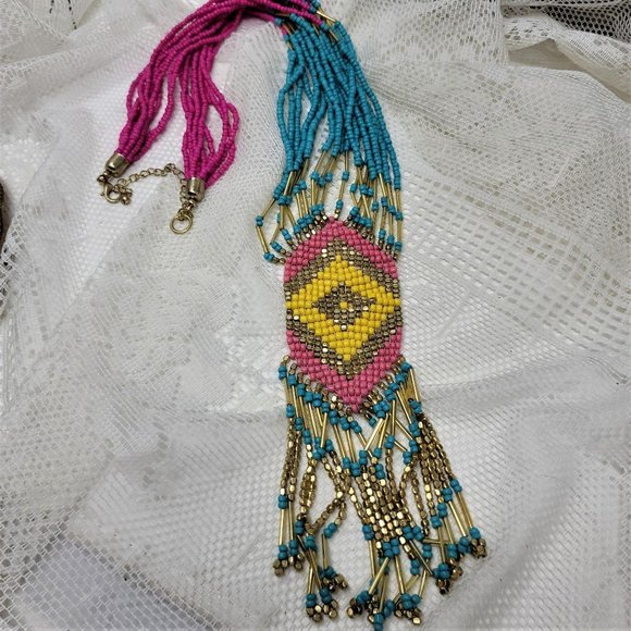 Awesome Seed Bead Necklace Hand made Turquoise - Picture 1 of 8